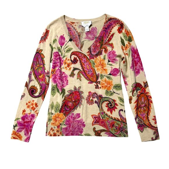 Talbots Petites Womens Sz M Sweater V Neck Floral & Paisley Print Merino Wool - Picture 1 of 7